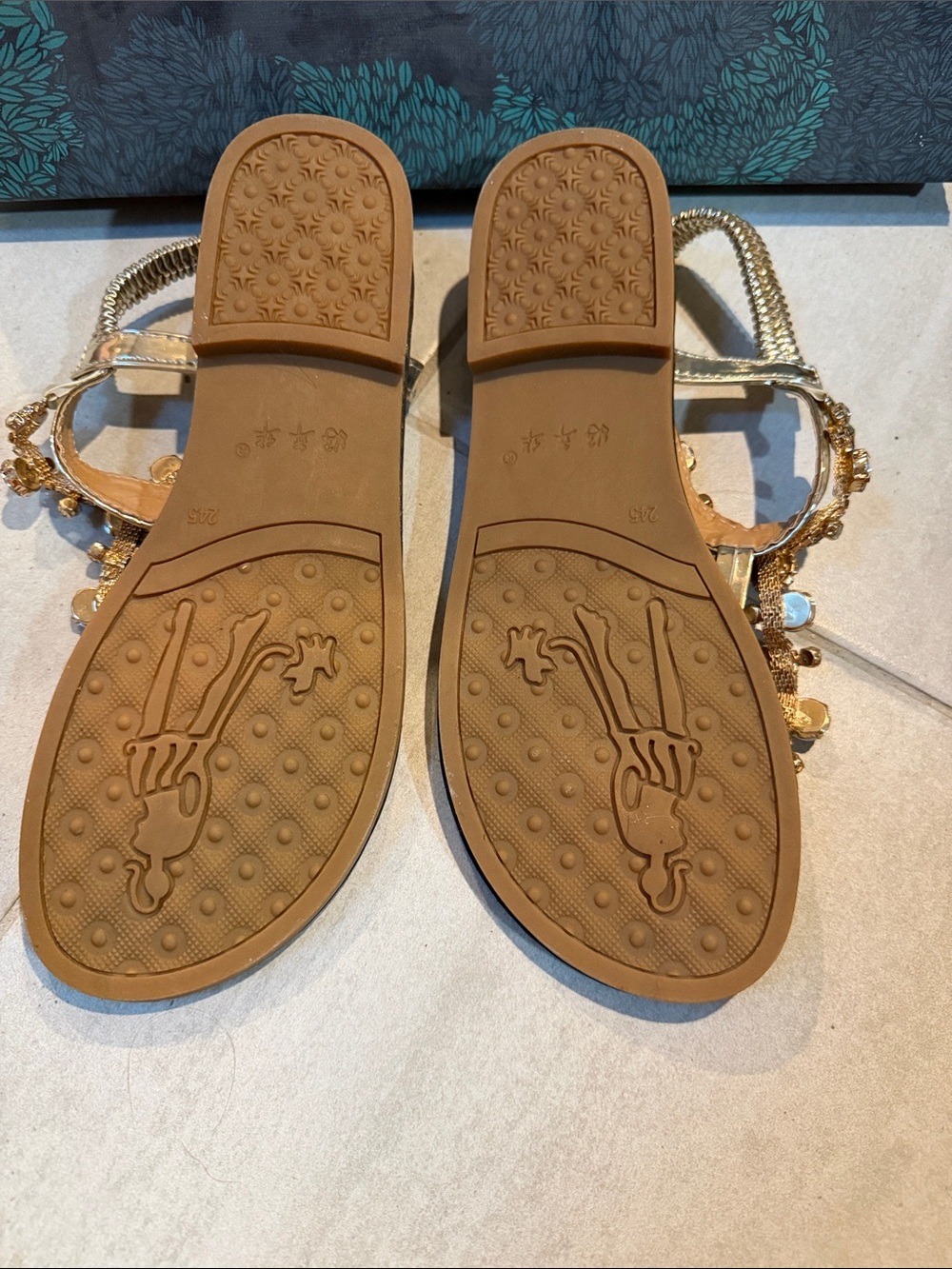 Gold T-Strap Sandals with Emerald Gem Accents - Picture 4 of 5